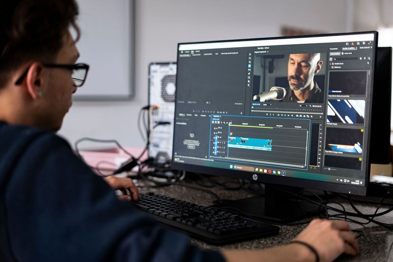 A video editor working on a project using a desktop computer in a modern office setting.